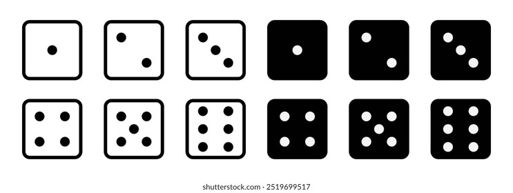 Set of game dice icon. game sign. Dice game vector icon set in black and white color isolated on white background. Dice in a flat and linear design from one to six. Vector illustration.