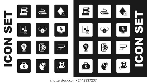 Set Game dice, Lottery ball on bingo card, Casino chip and playing cards, Slot machine, slot with clover, Cigar, Security camera and  icon. Vector
