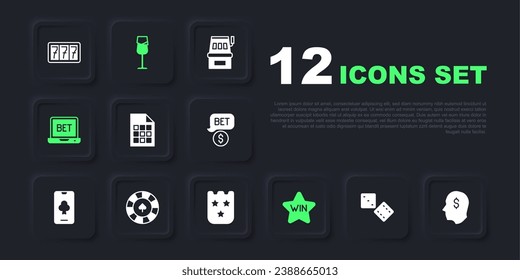 Set Game dice, Lucky player, Lottery ticket, Casino win, Online sports betting, chips, Wine glass and  icon. Vector