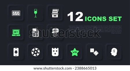 Set Game dice, Lucky player, Lottery ticket, Casino win, Online sports betting, chips, Wine glass and  icon. Vector