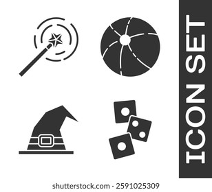 Set Game dice, Magic wand, Witch hat and Beach ball icon. Vector