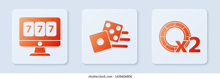 Set Game dice, Online slot machine with lucky sevens jackpot and Casino chips. White square button. Vector