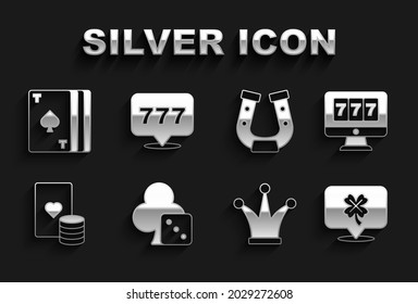 Set Game dice, Online slot machine with jackpot, Casino clover, Joker playing card, chip and cards, Horseshoe, Deck of and Slot icon. Vector