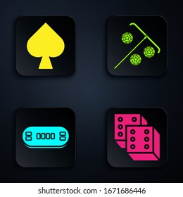 Set Game dice, Playing card with spades symbol, Poker table and Stick for chips. Black square button. Vector