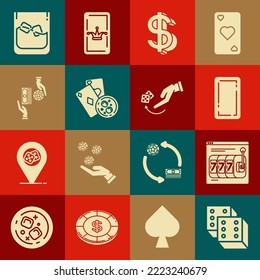 Set Game dice, Playing card back, Dollar symbol, cards and glass of whiskey cubes, Casino chips exchange on stacks dollars, Glass and Human hand throwing game icon. Vector