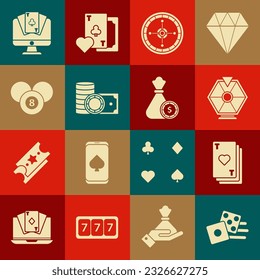 Set Game dice, Playing card with heart, Lucky wheel, Casino roulette, chips and stacks money cash, Billiard pool snooker 8 ball, Online poker table game and Money bag casino icon. Vector