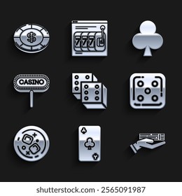 Set Game dice, Playing card with clubs symbol, Hand holding deck of playing cards, Glass whiskey cubes, Casino signboard,  and chip dollar icon. Vector