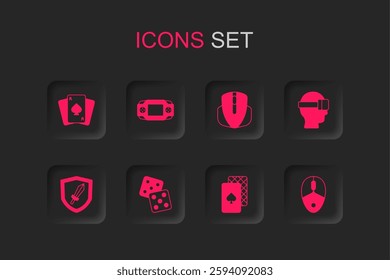 Set Game dice, Portable video game console, Playing cards, Virtual reality glasses, Computer mouse,  and Sword for icon. Vector