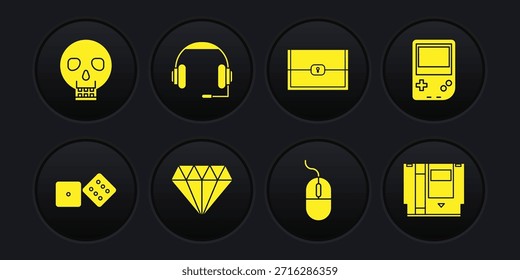 Set Game dice, Portable video game console, Diamond, Computer mouse, Chest for, Headphones, Cartridge and Skull icon. Vector