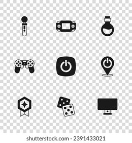 Set Game dice, Power button, Computer monitor, Bottle with magic elixir, VR controller game, Portable video console and joystick icon. Vector