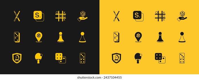 Set Game dice, Racket, Chess pawn, Tic tac toe game, Crossed billiard cues and Bingo icon. Vector