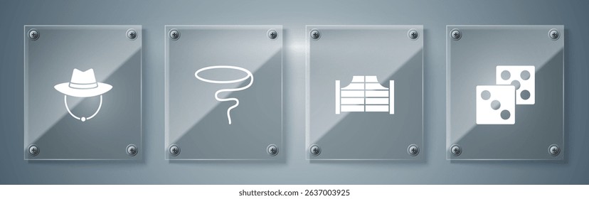 Set Game dice, Saloon door, Lasso and Western cowboy hat. Square glass panels. Vector