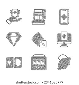 Set Game dice, Slot machine with jackpot, Casino slot lemon, Online poker table game, Deck of playing cards, Diamond,  and Hand holding icon. Vector