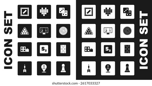 Set Game dice, Sport mechanical scoreboard, Billiard balls in triangle, Board game, Checker chips, Pixel hearts for, Hockey table and Toy building block bricks icon. Vector