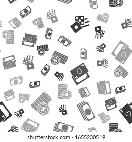 Set Game dice, Stacks paper money cash, Playing card with heart and Casino chip with dollar on seamless pattern. Vector