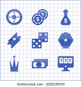 Set Game dice, Stacks paper money cash, Online slot machine with lucky sevens jackpot, Lucky wheel, Crown, Lottery ticket, Money bag and Casino roulette icon. Vector