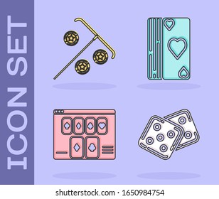 Set Game dice, Stick for chips, Online poker table game and Deck of playing cards icon. Vector
