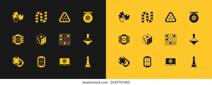 Set Game dice, Table football, Bingo card, Billiard balls triangle, Puzzle pieces toy and Board game icon. Vector