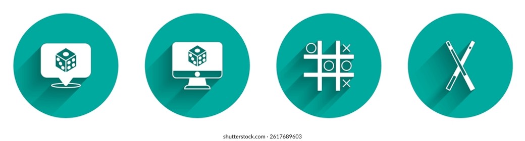 Set Game dice, Tic tac toe game and Crossed billiard cues icon with long shadow. Vector