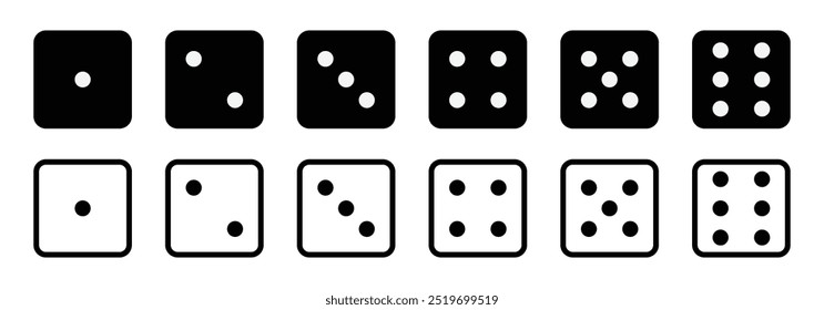 Set of game dice vector icon. game sign. Dice game vector icon set in black and white color isolated on white background. Dice in a flat and linear design from one to six. Vector illustration.