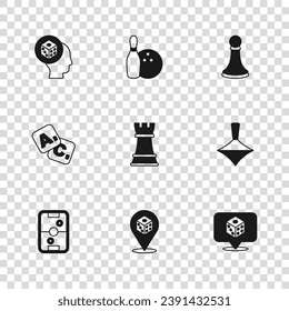 Set Game dice, Whirligig toy, Chess, pawn, Bowling pin and ball and Bingo icon. Vector