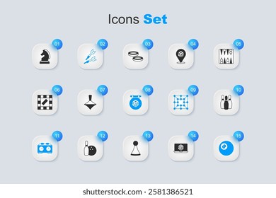 Set Game dice, Whirligig toy, Dart arrow, Time chess clock, Billiard pool snooker ball, Bowling pin, Chess and  icon. Vector