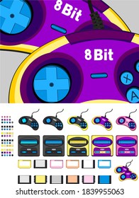 
set of game elements: console, joysticks, buttons, cartridges