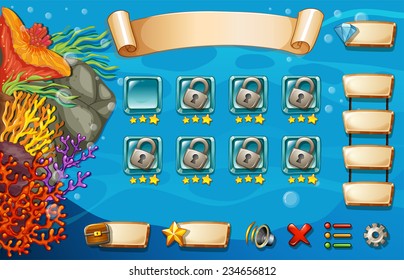 Set of game elements and icons with underwater theme