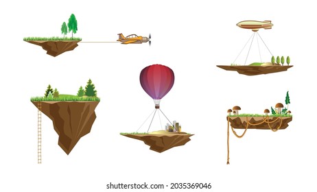 Set of game elements. The platforms with grass, trees, mushrooms, ropes, city and mountains that are flying on a airships, also one of them is being towed an airplane, others. Vector drawings.