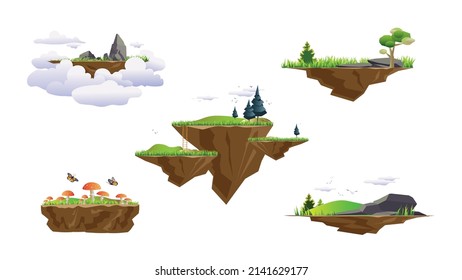 Set of game elements. The platforms with grass, trees, bushes, mushrooms, butterflies, mountains and flying on the clouds, others. Vector drawings for mobile games.