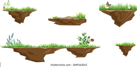 Set of game elements. Vector platforms with grass, flowers, bushes, mushrooms and insects - butterfly and ladybug for mobile game.