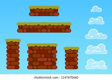 Set of game elements. Vector stone platforms and clouds for mobile game
