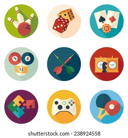 set of game and entertainment icons with long shadows