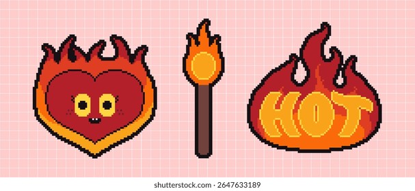 Set of the game fire, heart in fire and match signs n retro 8 bit style. Pixels Y2k funny playful emoticon, frame, arrow, icon stickers. 8-bit retro style vector illustration for social media.