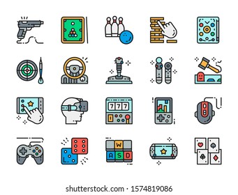 Set of Game Flat Color Icons. Billiards, Bowling, Pinball, Darts, Joystick and more.