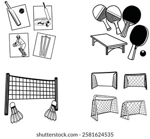 A set of game football, table Tanis, cricket, badminton illustration and background white.