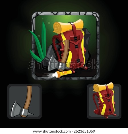Set of game genre icons with an axe, a flashlight and a hiking backpack.