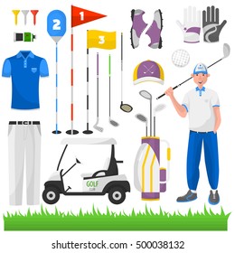 Set of game for golf. Vector icons of sports equipment: ball, cart and bag, grass and car, stick and glove, badge and aristocracy. Club for activity recreation and hobby.
