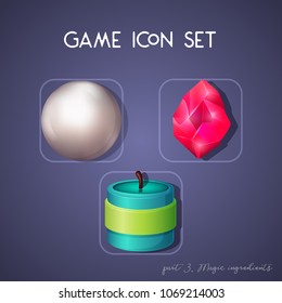 Set of game icon in cartoon style. Magic ingredients: pearl, crystal and candle. Bright design for app user interface. Part 3. Vector illustration for Icons Collection.