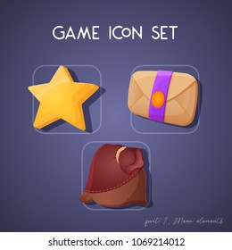 Set of game icon in cartoon style. Menu elements: star, letter and pouch. Bright design for app user interface. Part 1. Vector illustration for Icons Collection.