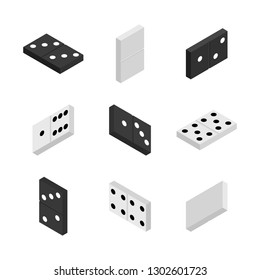 Set of game icons. Black and white items for play of dominoes. Flat 3D isometric style, vector illustration.