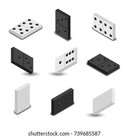 Set of game icons. Black and white items for play of dominoes with shadow. 3D isometric style, vector illustration.