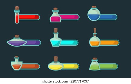 Set game icons of bottles with poison or elixir and status indicator. GUI bar element for game design and collection of magical liquids in glass bottles. Vector illustration for mobile video game