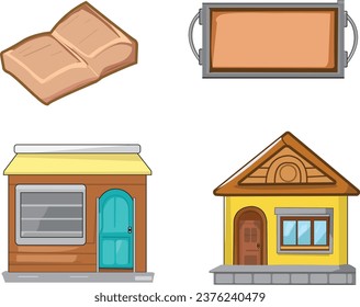 Set of game icons cartoon with house book and blank board