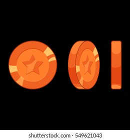 Set of game icons of cooper or bronze coins. Coin rotation steps vector illustration isolated on black background. Game asset elements collection.
