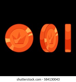 Set of game icons of copper coins with crown isolated on black background. Coin rotation steps vector illustration. Game asset elements collection.