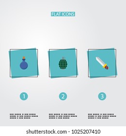 Set of game icons flat style symbols with grenade, mana potion, sword and other icons for your web mobile app logo design.