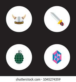 Set of game icons flat style symbols with grenade, barbarian, crystal and other icons for your web mobile app logo design.