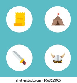 Set of game icons flat style symbols with barbarian, sword, medieval barracks and other icons for your web mobile app logo design.