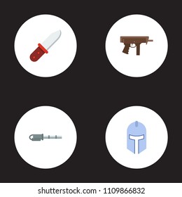 Set of game icons flat style symbols with submachine, gatling gun, knight helmet and other icons for your web mobile app logo design.